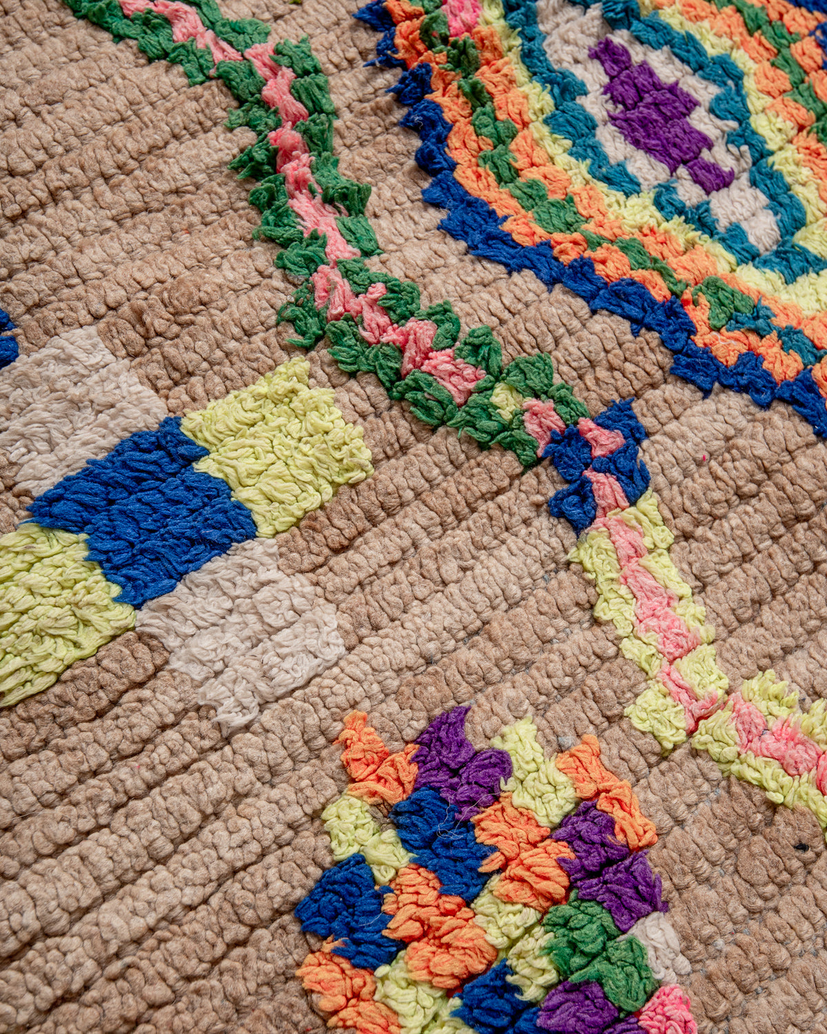 Modern, designer, handcrafted Berber rug from Morocco. Vintage carpet with beautiful colours and patterns and fluffy texture.